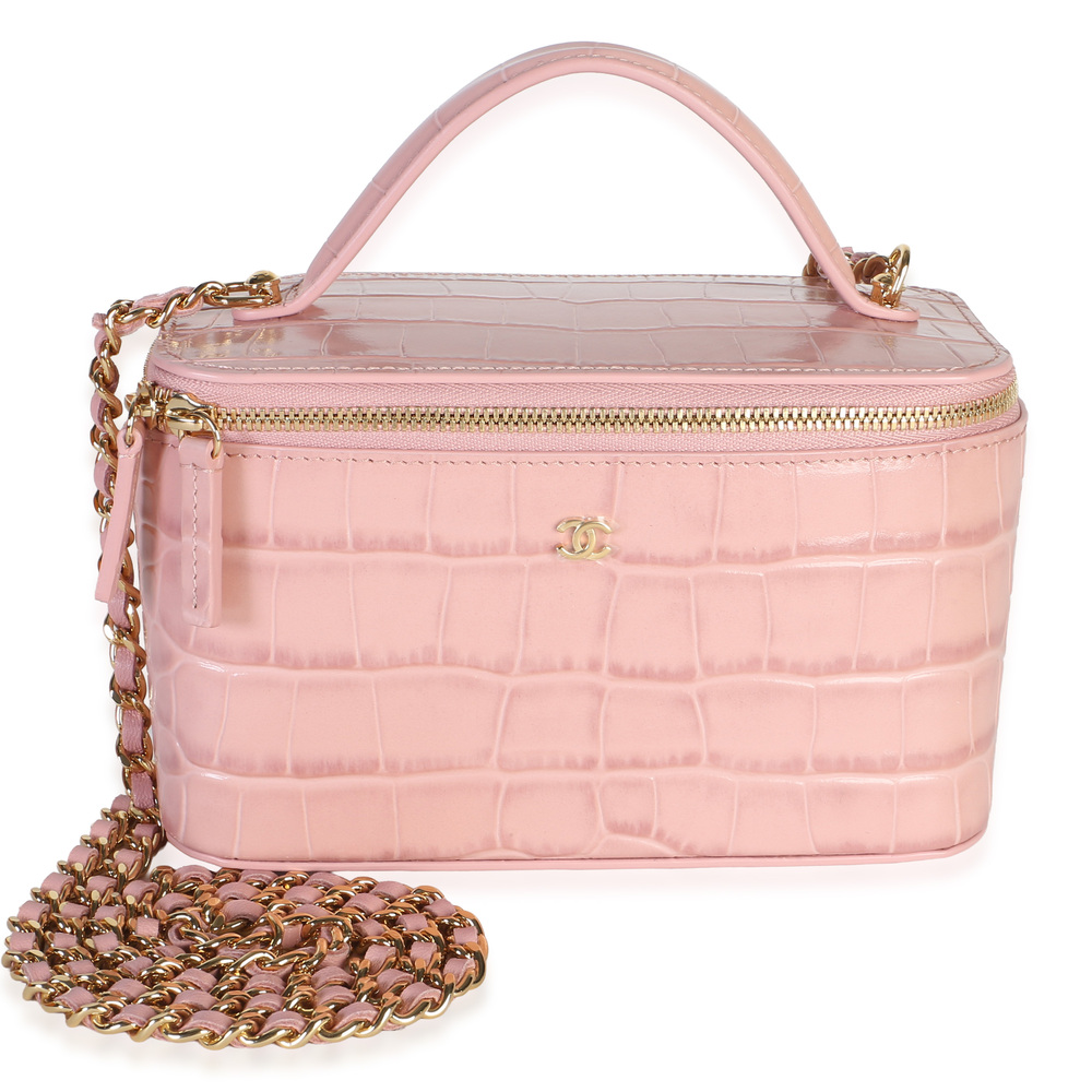 Chanel 26B Light Pink Crocodile Embossed Calfskin Vanity With Chain